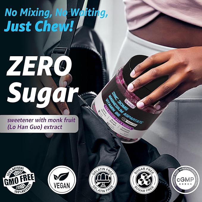 Zinc and Magnesium Supplement, Zinc Magnesium Aspartate Post Workout Gummies for Men Women, w/Vitamin B6, B12, D3, Turmeric for Nighttime Muscle Recovery, Boost Immunity & Sleep, Sugar Free, 60Cts