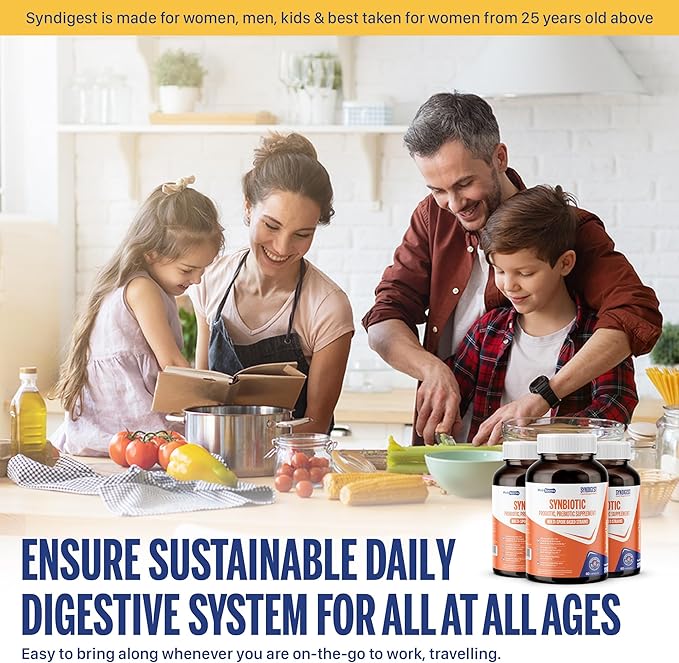 Syndigest probiotic daily care for women & men with dual benefit of 5 probiotic & prebiotic strains, balance gut health & relieves constipation, travel friendly, 60 capsules (2 billions CFU/serving)