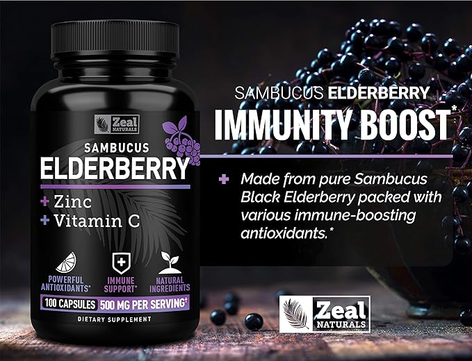 Zeal Naturals Max Strength Elderberry Capsules + Zinc + Vitamin C | 500mg for Immune System Support with Black Sambucus Elderberry | 100 Count | 3-in-1 Immune Support for Adults