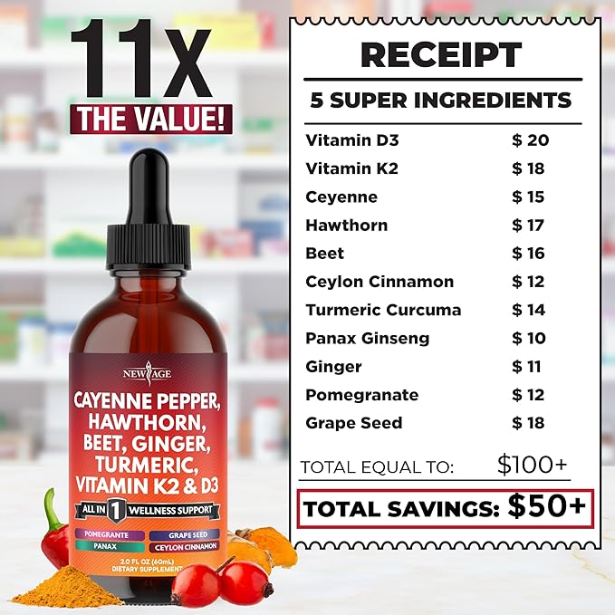 Cayenne Pepper Supplement Liquid Drops + Hawthorn Berry, Vitamin D3 K2 Beet Root Powder, Ceylon Cinnamon, Turmeric Curcumin, Organic Panax Ginseng - 8 oz