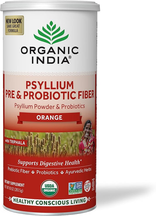 ORGANIC INDIA Psyllium Husk Powder - Pre & Probiotic Fiber Supplement, Organic Psyllium Husk Fiber Supplement with Whole Psyllium Husk, Dietary Fiber, USDA Organic, Vegan, Gluten Free - Orange, 10 Oz