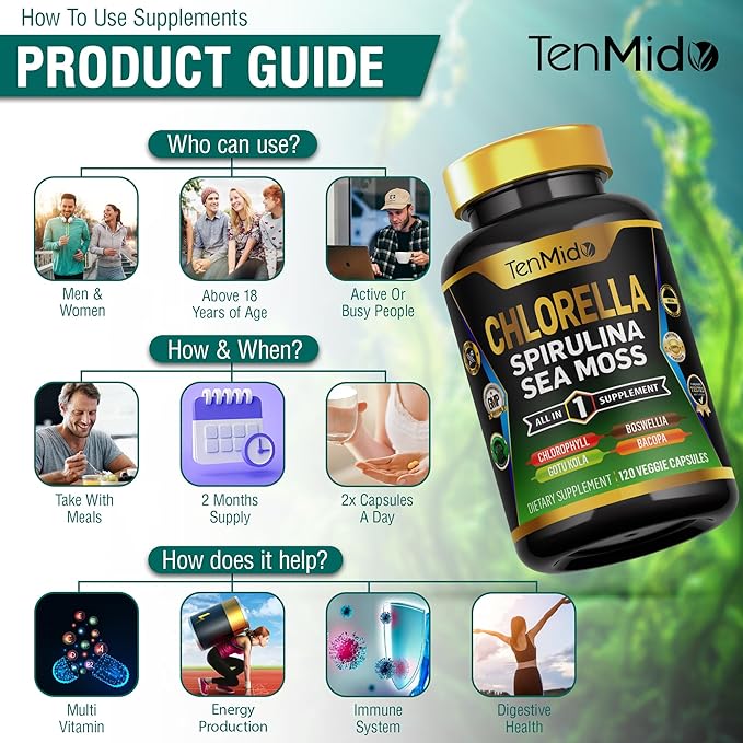 Organic Chlorella Supplement for Men and Women, 7in1 Formula with Spirulina, Sea Moss, Chlorophyll, Gotu Kola, Boswellia & Bacopa - Immune Support - Rich in Nutrient, Vitamins - 120 Capsules