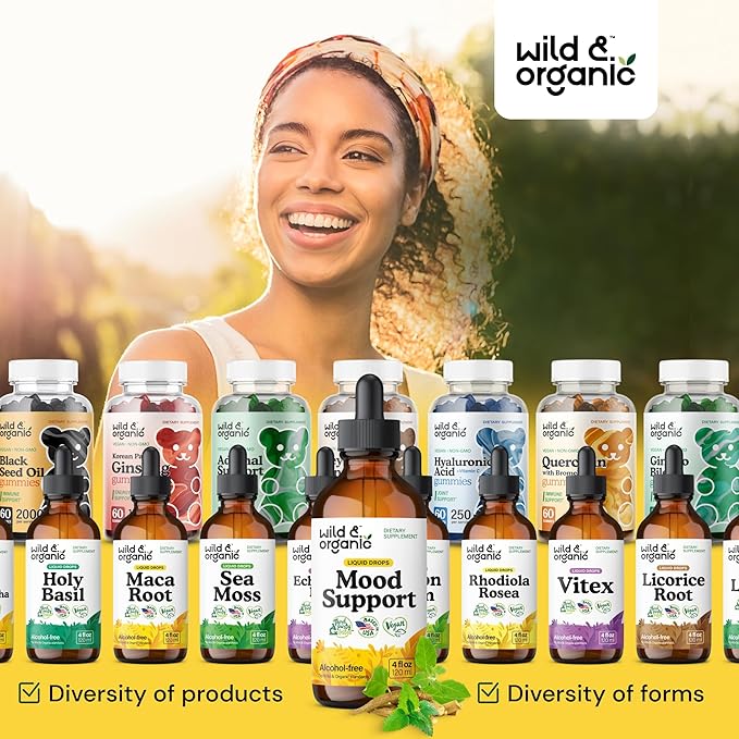 Wild & Organic Mood Support Supplement - Natural Liquid Drops for Positive Energy - Calm Mind Supplement for Women and Men - Non-Alcohol Ashwagandha & Rhodiola Rosea Root Tincture for Good Mood - 4 oz