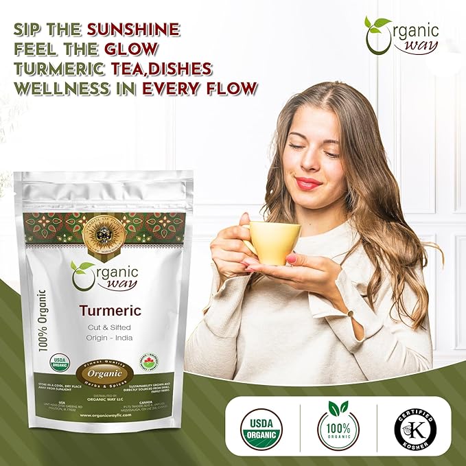 Organic Way Turmeric/Haldi Root Cut & Sifted (Curcuma longa) - Herbal Tea | Kosher & USDA Certified | Vegan, Non-GMO & Gluten Free | Tested for Heavy Metal and Purity | 100% Raw from India (1/2LBS / 8Oz.)
