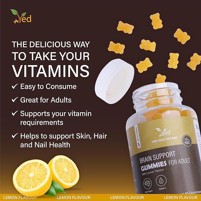Ved Brain Support Gummies for Adult ; BSA Chews Lemon Flavour, Raw Unfiltered Omega 3-6-9 & DHA Gummies, Vegetarian Vegan Health Supplement for Men and Women- 60 Chews 20 Days’ Supply