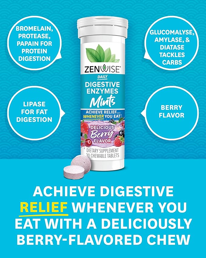 Zenwise Health Papaya Enzymes Chewable, Digestive Enzymes for Women and Men, Bromelain for Digestive Health & Bloating Relief, Enzymes for Digestion and Gut Health, Berry Flavor - 30 CT