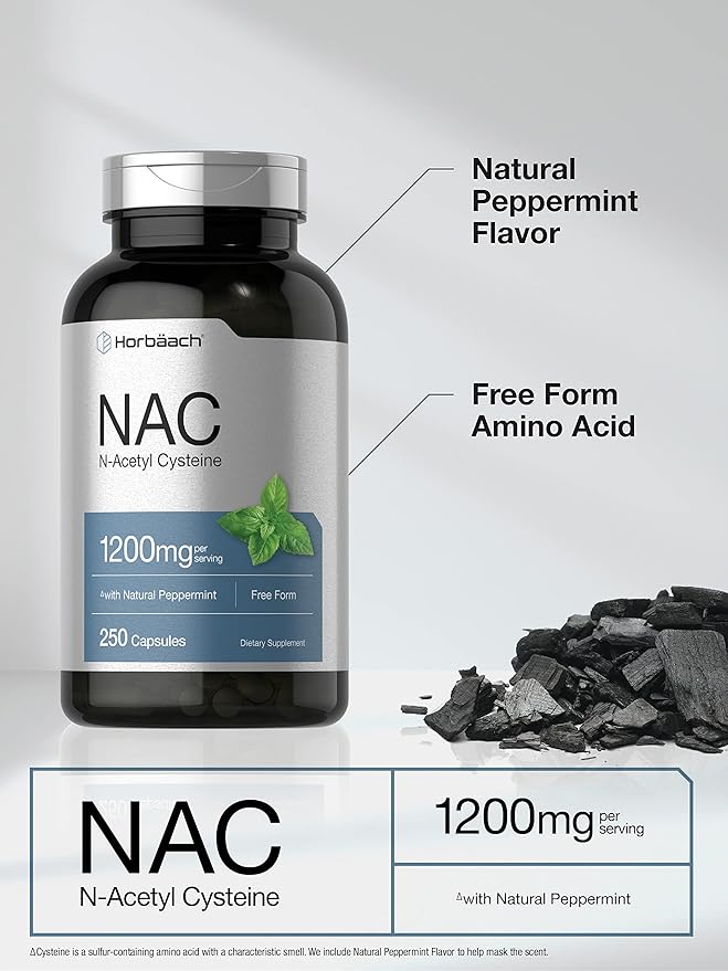 Horbäach NAC N-Acetyl Cysteine Supplement 1200mg | 250 Capsules | with Natural Peppermint | Non-GMO, Gluten Free