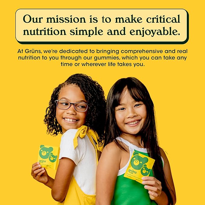 Gruns Kids Vitamins, Super Greens Gummies - Superfood Gummy Bears with Spirulina, Chlorella, Prebiotics Fiber for Digestive Health, Adaptogens Supplement with 20 Vitamins & Minerals, 28 Day Supply