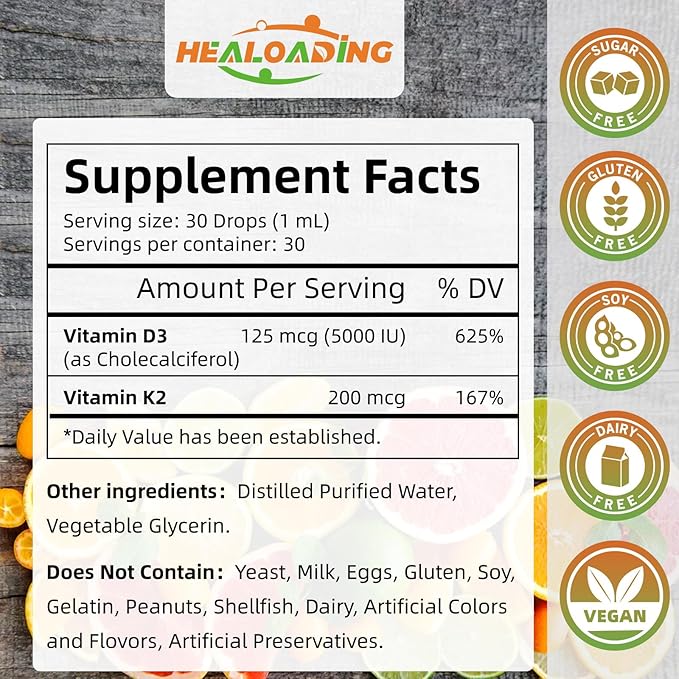 HEALOADING Vitamin D3 K2 Drops, Organic Plant D3 + K2, Vitamin D Liquid 5000 IU, K2 200 mcg Liquid K2 D3 Vitamin Supplements for Body’s Defenses, Faster Absorption, Healthy Bones and Immune Support