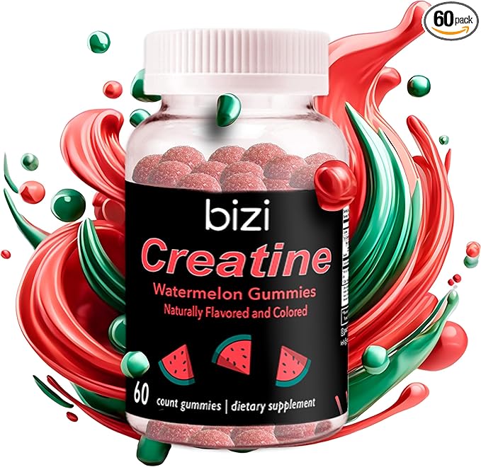 Bizi Creatine Watermelon Gummies for Men & Women, Creatine Monohydrate Gummies, Watermelon Flavor Creatine Gummy, Workout, Muscle Growth, & Recovery Supplement, Vegan & Gluten Free (60 ct)