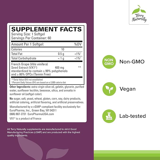 Terry Naturally Clinical OPC Extra Strength - Cardiovascular Health & Focus Support - Supplement with Grape Seed Extract - Immune Support Supplement - 60 Softgels
