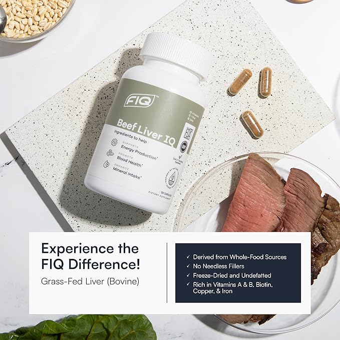FIQ - Beef Liver IQ - Beef Liver Capsules - Supports Energy Production - Natural Iron, Copper, Vitamin A, & Vitamin B - High Absorption - 120 Capsules