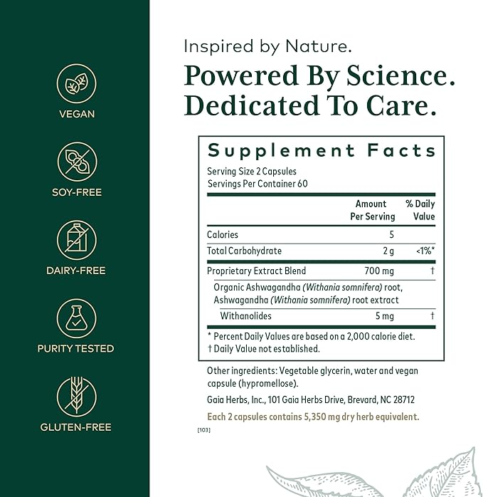 Gaia Herbs PRO Ashwagandha 700 - Healthy Immune Support Supplement* - Single-Herb Formula with Organic Ashwagandha - Vegan Gluten-Free Soy-Free - 120 Liquid Phyto-Caps (60 Servings)