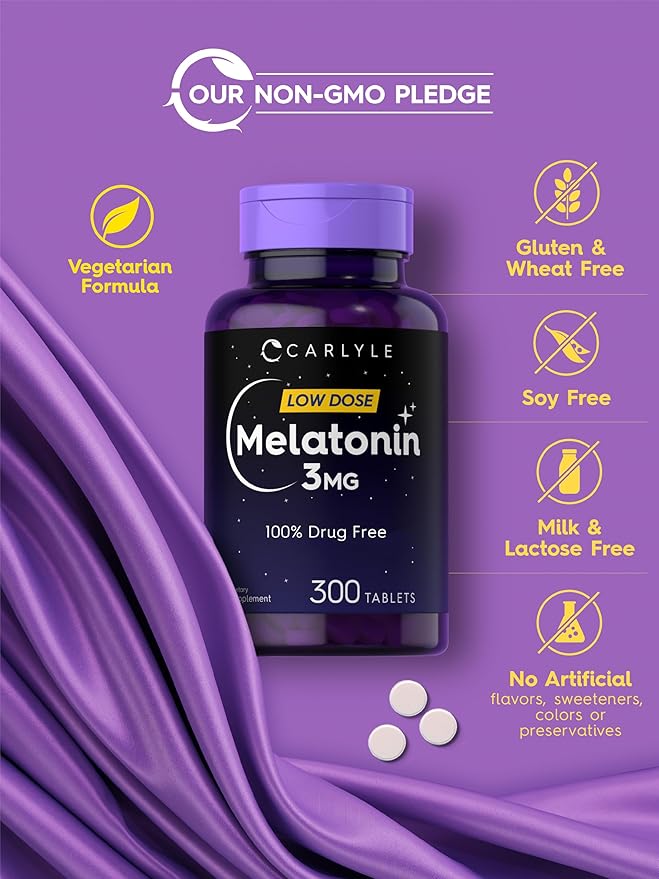 Carlyle Melatonin 3mg | 300 Tablets | Low Dose | Drug Free | Vegetarian, Non-GMO, Gluten Free