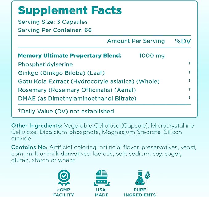 Phosphatidylserine Nootropics Brain Support Supplement - Advanced Memory Supplement for Brain Function Support with DMAE Gotu Kola and Ginkgo Biloba - Non-GMO Vegan & Made in The US (60+ Servings)