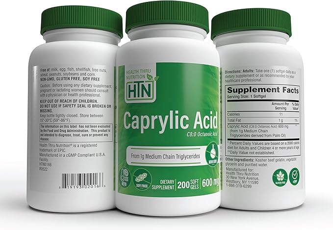Health Thru Nutrition Caprylic Acid 600mg 200 Softgels | C8 Octanoic Acid from Pure 1g MCT Oil | Non-GMO & Soy Free | Support Healthy Digestive and Intestinal Health | Keto Friendly