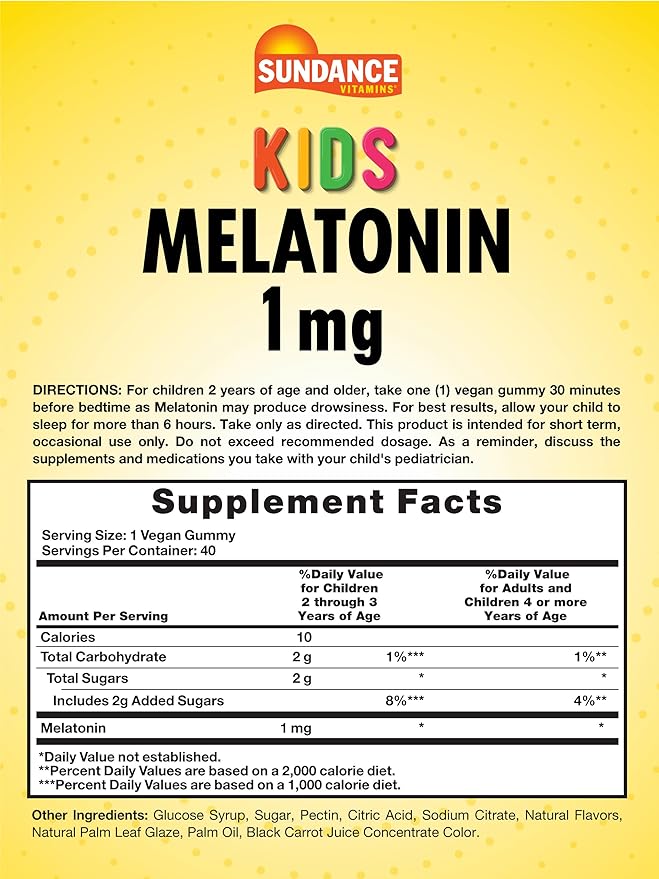 Sundance Kid's Melatonin Gummies 1mg | 40 Count | Cherry Flavor | Vegan, Non-GMO, and Gluten Free Supplement