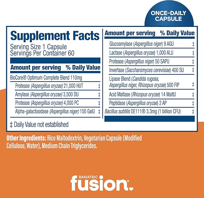 Bariatric Fusion Digestive Support: Digestive Enzymes with Probiotics | Vegan Supplement | Probiotics for Digestive Health and Gut Health Support | Gluten, Dairy & GMO Free | 60 Capsules
