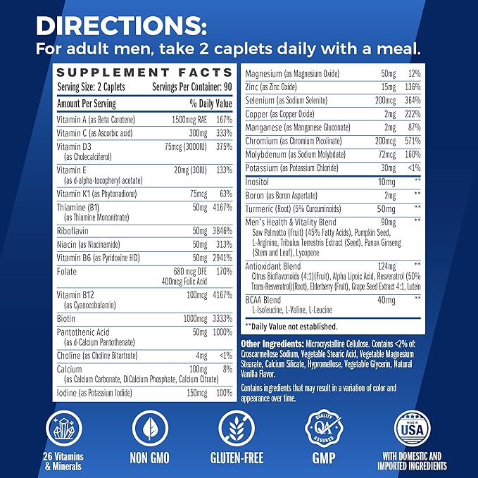 Vitamin World Ultra 360 Multivitamin for Men, Men's Multivitamin with Herbs & Antioxidants for Energy & Performance, Supplement with Vitamin A, C, D, E, B12 & Zinc for Immune Support, 180 Caplets