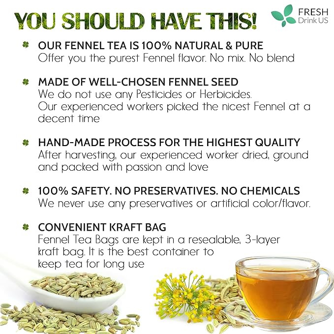 FreshDrinkUS, Premium 55 Fennel Tea Bags, 100% Natural & Pure from Fennel Seeds. Fennel Seed Herbal Tea. Fennel Seed Tea. Made with Natural Material Tea Bags. No Sugar, No Caffeine, No Gluten, Vegan.