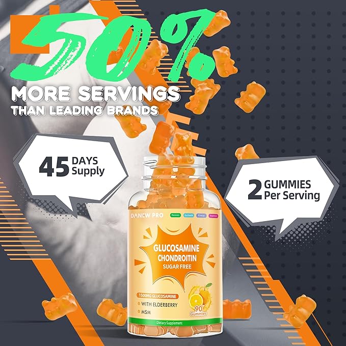 Glucosamine Chondroitin Gummies with MSM & Elderberry Extra Strength - Joint Support, Antioxidant Immune Support Supplement for Adults, Men & Women.90 Orange Gummies