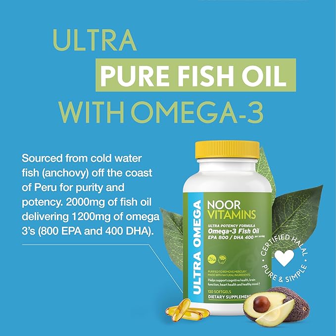 Noor Vitamins Halal Fish Oil, Halal Vitamins, Ultra Omega 3 Wild Peruvian Fish (800 mg EPA & 400 mg DHA) Heart, Brain & Joint Support, Non-GMO and Gluten Free (120 Count)