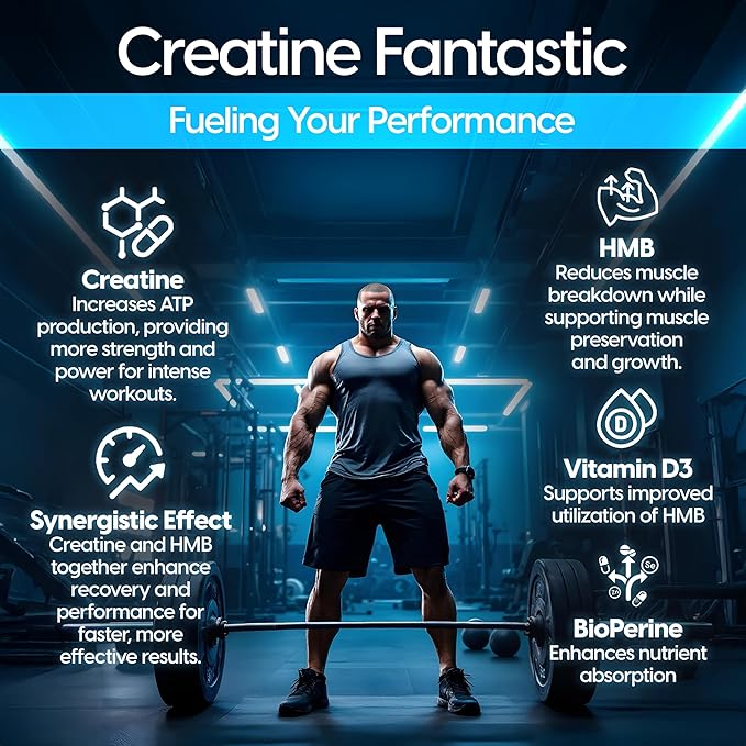 Creatine Fantastic 5g Creapure Creatine Plus 3g of myHMB for Increased Strength, Improved Muscle Growth, Enhanced Athletic Performance, and Extra Energy – 60 Servings, Unflavored