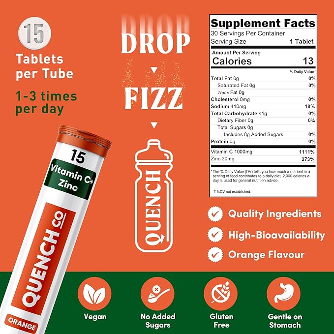 Quench Vitamin C & Zinc Effervescent Tablets - 1000mg, Sugar-Free, Immune Support Supplement, Includes Electrolytes, Orange Flavor Fizzy Drink - 30 Count