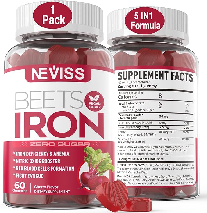 Beet Root Gummies with Iron, Methyl B12, Folate, Vitamin C, Increase Nitric Oxide & Iron Levels, Energy Support, Fight Fatigue, Beetroot & Gentle Iron Supplement for Women Men, Sugar Free, 60 Counts