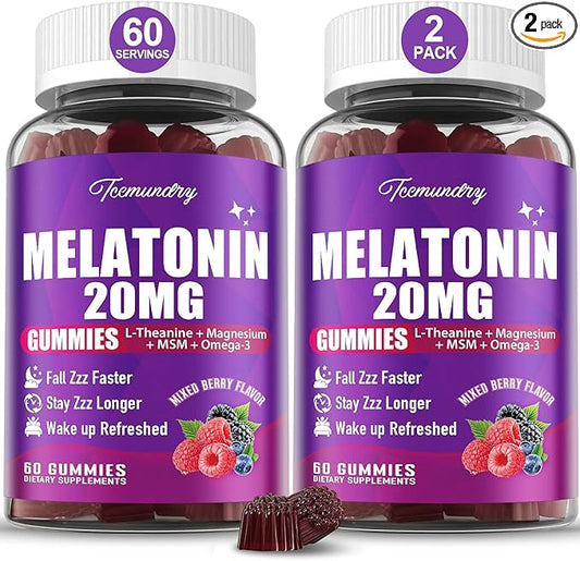 Melatonin Gummies 20mg for Adults - Maximum Strength Melatonin Gummies with L-Theanine, Magnesium, Omega-3, MSM, D3 & Zinc - Non-Habit Forming, Vegan, Non GMO, Natural Mixed Berry Flavor