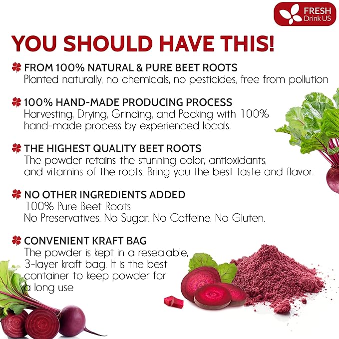 FRESHDRINKUS, Premium 42oz Beet Root Powder, 100% Natural and Pure from Beet Root, Beetroot Powder Perfect for Smoothies, Energy Booster, Soups and Sauces. No Additives, No Gluten, No Sugar, Vegan