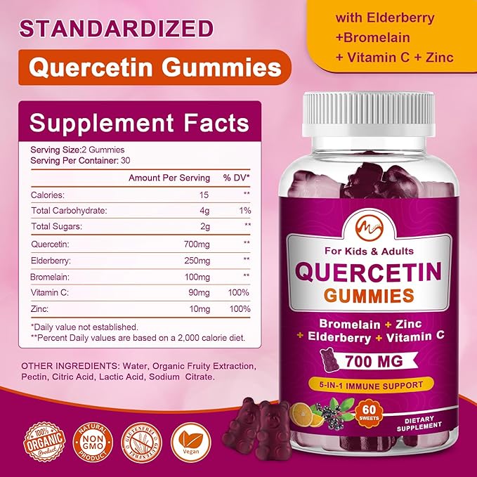(2 Pack) Quercetin Gummies with Bromelain, Elderberry, Zinc and Vitamin C - Chewable Quercetin 700mg Supplement for Immunity, Allergy, Aging Support - Vegan Gummies for Adult & Kid