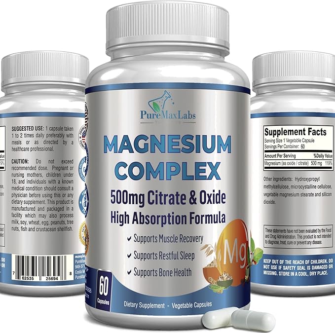 High Absorption Magnesium Citrate Complex 500mg Magnesium Citrate & Oxide – Supports Calm Sleep, Muscle Cramp Relief, Muscle Recovery, Healthy Teeth & Bones, Non-GMO – 60 Vegetable Capsules
