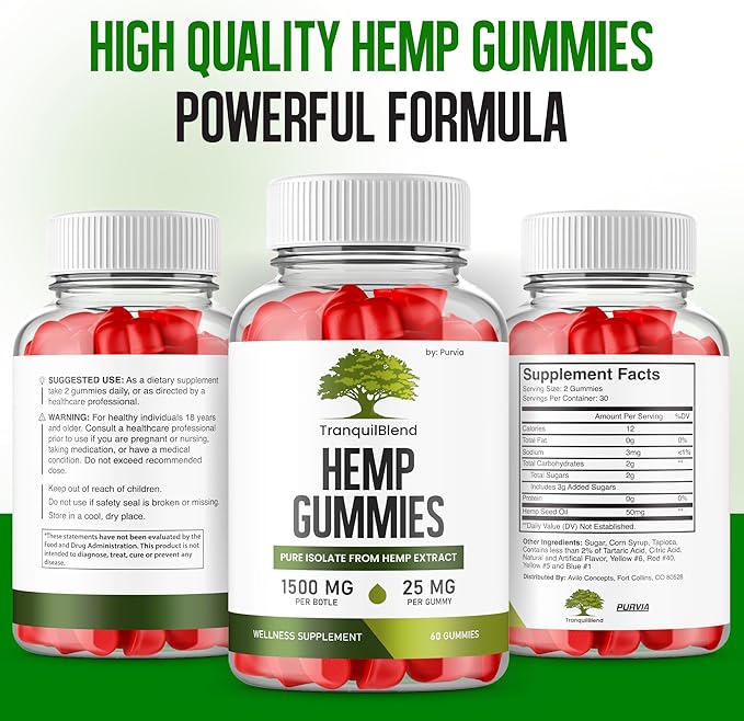 (2 Pack) Tranquil Blend Gummies with Hemp, Tranquil Blend Hemp Gummies Extra Strength Formula Maximum Performance Blend Tranquil Blend Gummy Great Taste 1500mg Bottle, 25mg Per Gummy (120 Gummies)