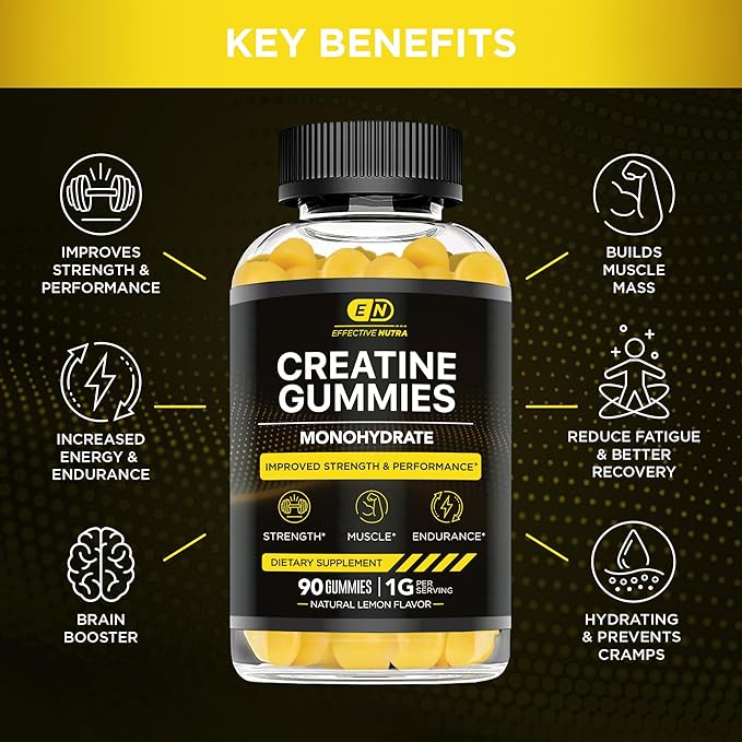Creatine Monohydrate Gummies | 1g Per Gummy | Vegan Creatine Gummies Supplement for Men & Women | Strength, Muscle Growth, Energy, Endurance | Natural Lemon Flavor, Made in USA (90ct)
