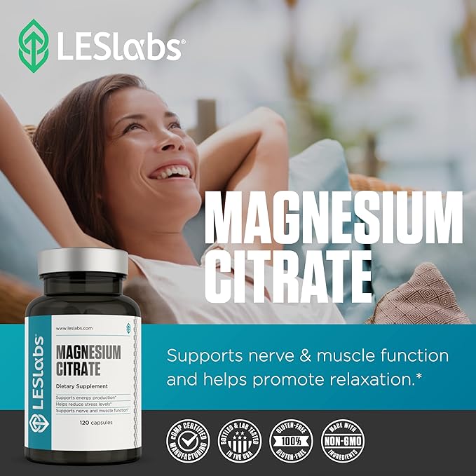 LES Labs Magnesium Citrate – Stress Relief, Restful Sleep, Heart Health, Metabolism, Nerve & Muscle Function – Non-GMO Supplement – 120 Capsules