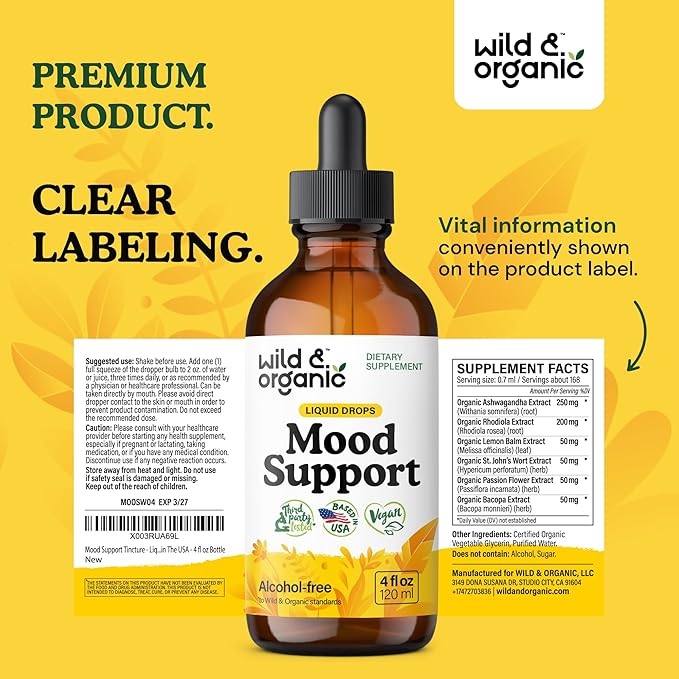 Wild & Organic Mood Support Supplement - Natural Liquid Drops for Positive Energy - Calm Mind Supplement for Women and Men - Non-Alcohol Ashwagandha & Rhodiola Rosea Root Tincture for Good Mood - 4 oz