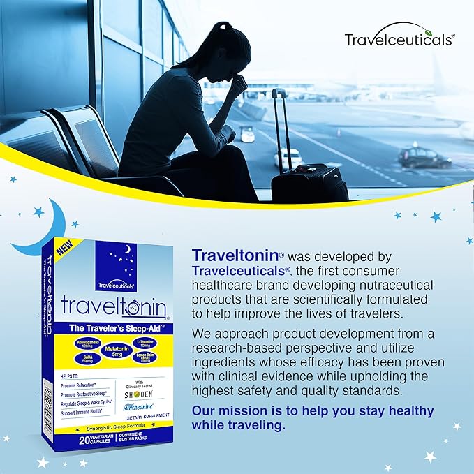 Travel Sleep Aid | Get Jet Lag Relief, Restorative Sleep, Immune Support | Flight, Hotel Essential | 5-in-1 Formula w/Melatonin, Ashwagandha, L-Theanine, GABA, Lemon Balm | 20 Capsules | Blister Packs