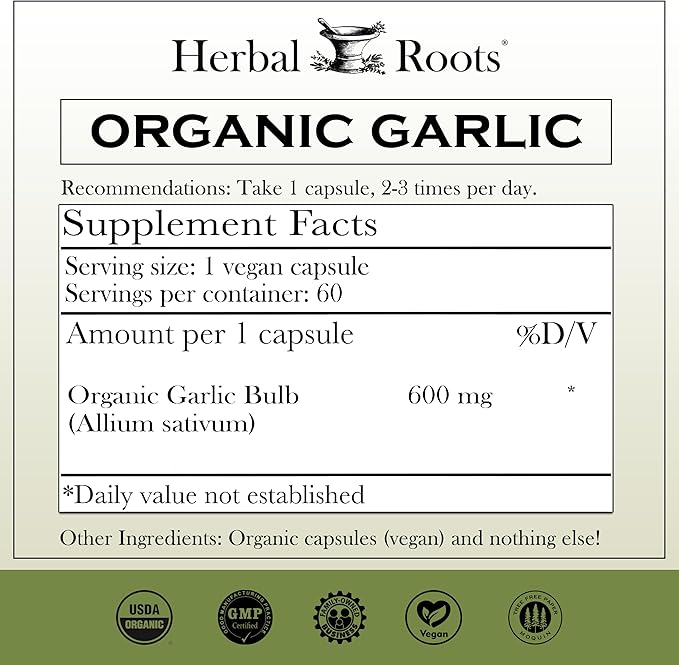 Herbal Roots Organic Whole Bulb Garlic Pills - Potent Extra Strength | 600 mg - 60 Organic Vegan Capsules
