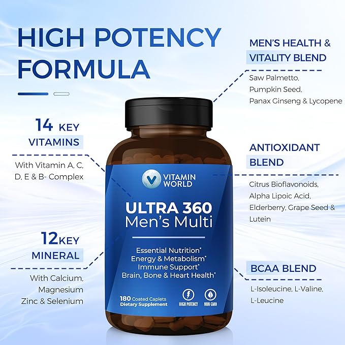Vitamin World Ultra 360 Multivitamin for Men, Men's Multivitamin with Herbs & Antioxidants for Energy & Performance, Supplement with Vitamin A, C, D, E, B12 & Zinc for Immune Support, 180 Caplets