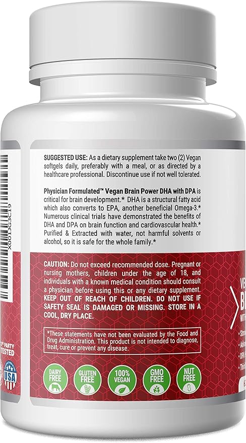 Vegan DHA for Brain and Prenatal 100% Algae Based Omega 3 Essential Fatty Acids with NO Carrageenan, NO Vegetable Oil Plus 2500mcg Astaxanthin