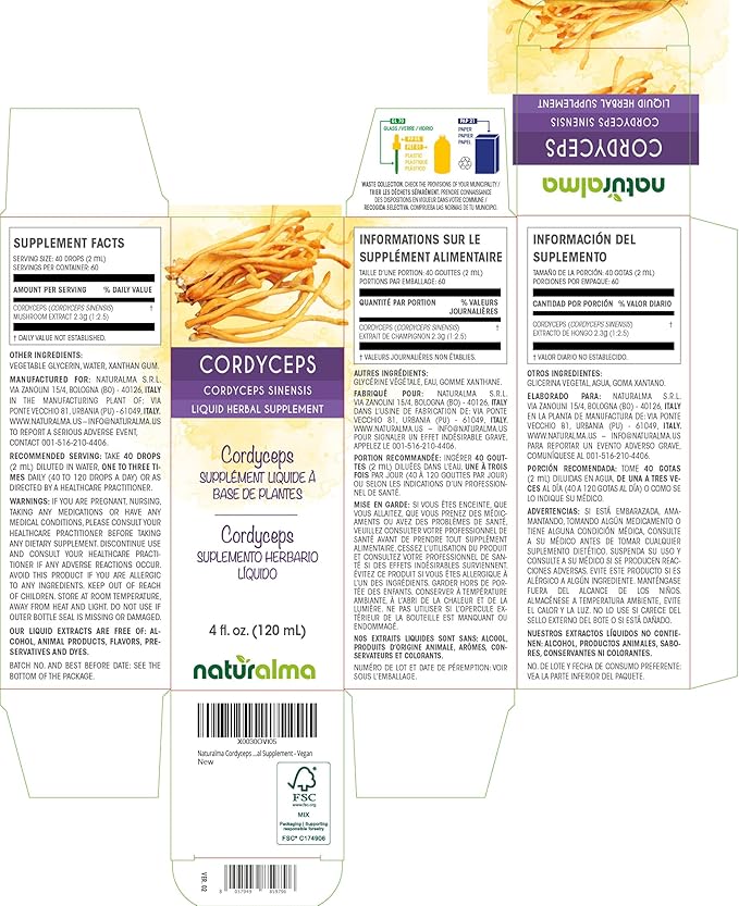 Naturalma Cordyceps (Cordyceps sinensis) Fungus or Mushroom Alcohol-Free Tincture - 4 fl oz Liquid Extract in Drops - Herbal Supplement - Vegan