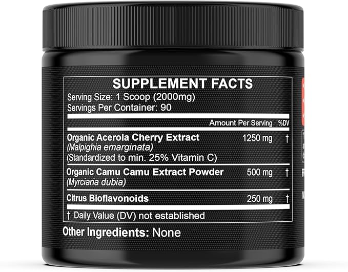 Natural Vitamin C from Organic Acerola Cherry & Camu Camu Powder - High Absorption with Citrus Bioflavonoids - Immune System & Collagen Booster - Anti Aging Skin Vitamins Made in USA 90 servings