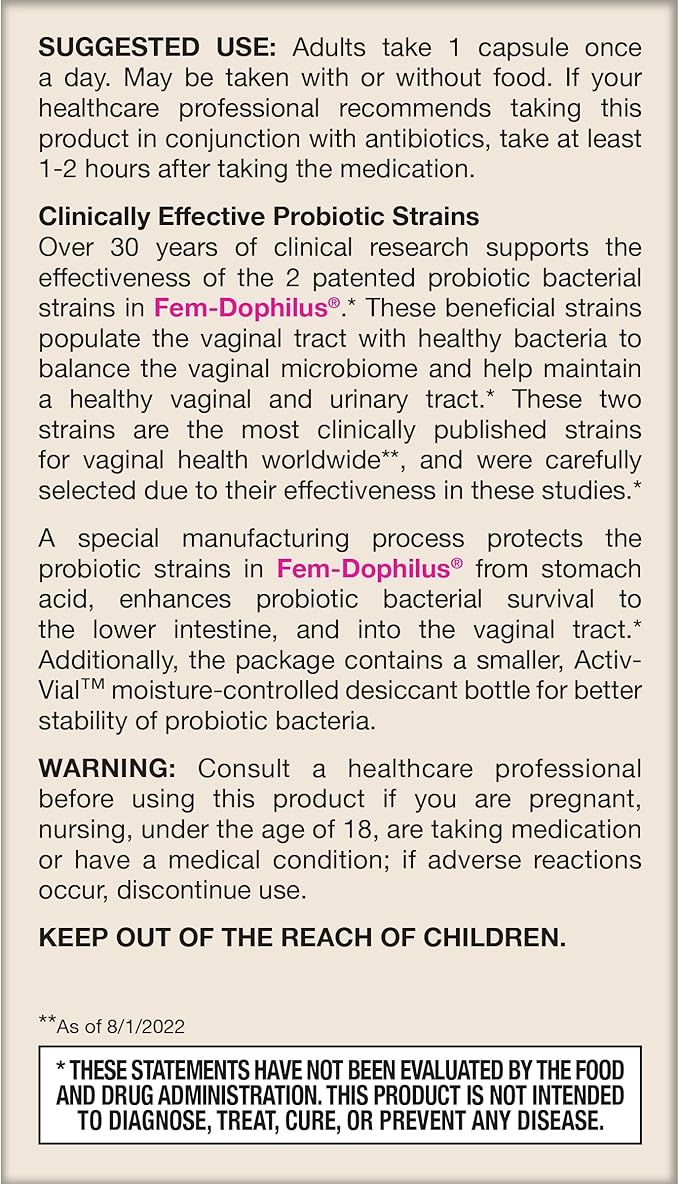 Jarrow Formulas Fem-Dophilus Probiotics 1 Billion CFU With 2 Clinically Effective Strains, Dietary Supplement for Vaginal Health and Urinary Tract Health, 60 Veggie Capsules, 60 Day Supply