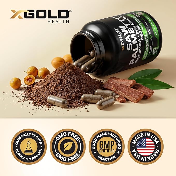 X Gold Health Saw Palmetto Prostate Supplement for Men | Pygeum Bark | Beta Sitosterol Supplement | Potent 3X Formula | Urinary Function Prostate | DHT Blocker Hair Growth | 4 Month Supply Male Pills