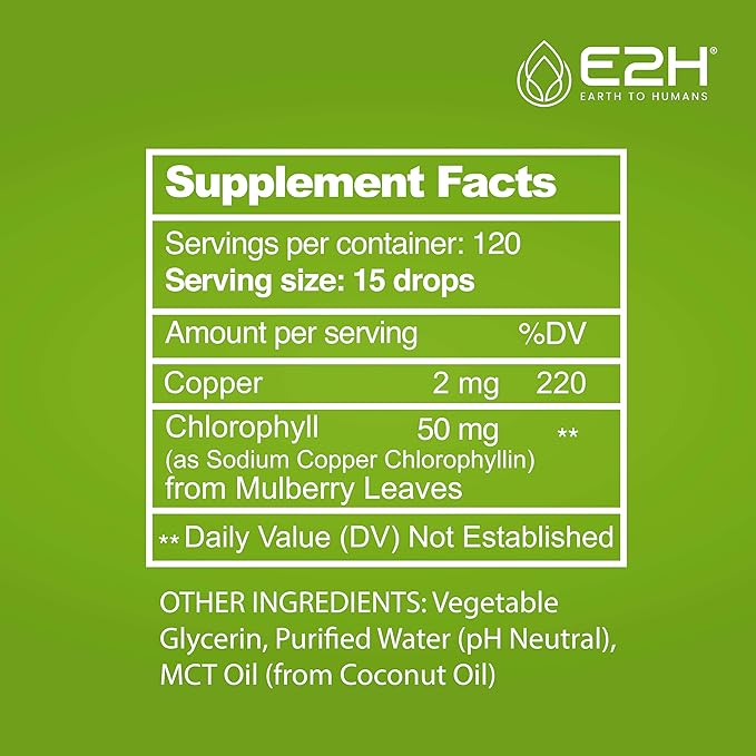 E2H Chlorophyll Liquid Drops - All-Natural Flavored Energy Booster, Immune System Support and Internal Deodorant - Vegan - Gluten Free - Non-GMO - 2 Fl Oz