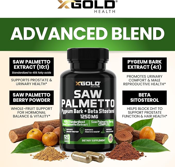 X Gold Health Saw Palmetto Prostate Supplement for Men | Pygeum Bark | Beta Sitosterol Supplement | Potent 3X Formula | Urinary Function Prostate | DHT Blocker Hair Growth | 4 Month Supply Male Pills
