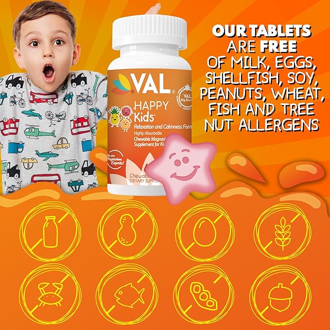 VAL Magnesium for Kids | High-Absorption Magnesium for Calm, Relaxation & Focus | Mg Glycinate, Citrate & Taurate | with Vitamin B6, D & C | Sugar-Free, Non-GMO | 60 Chewable Tablets