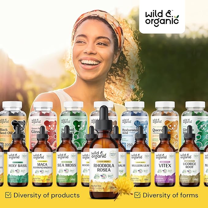 Wild & Organic Rhodiola Rosea Tincture - Mood Support - Relaxing Rhodiola Supplement - Root Extract Liquid Drops - Vegan, Sugar & Alcohol-Free - 2 fl oz