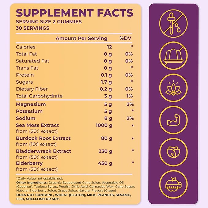 Sea Moss Elderberry Gummies for Adults & Kids - Magnesium, Burdock Root & Bladderwrack – Supports Immune, Boost Energy, Skin & Hair Health, Detox – Made in USA - 60 Vegan Gummies